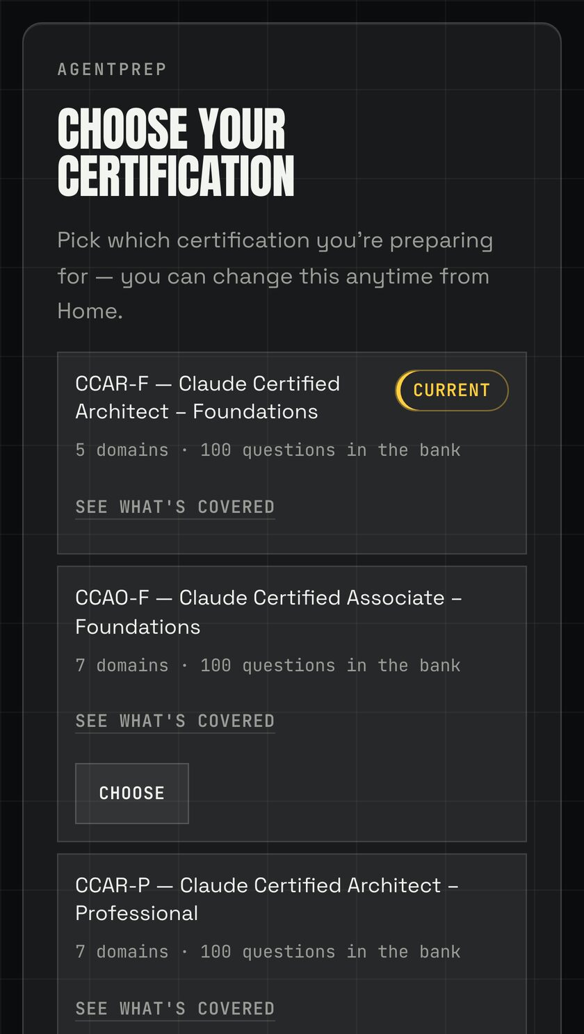 The AgentPrep web app showing the certification picker, the first screen of the demo.